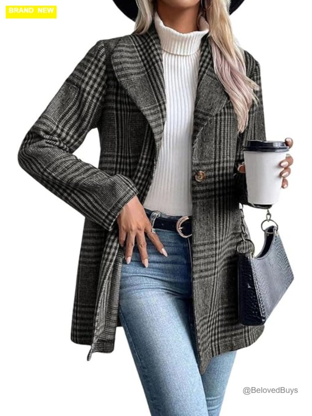 Vintage Plaid Wool Blend Blazer with Shawl Collar